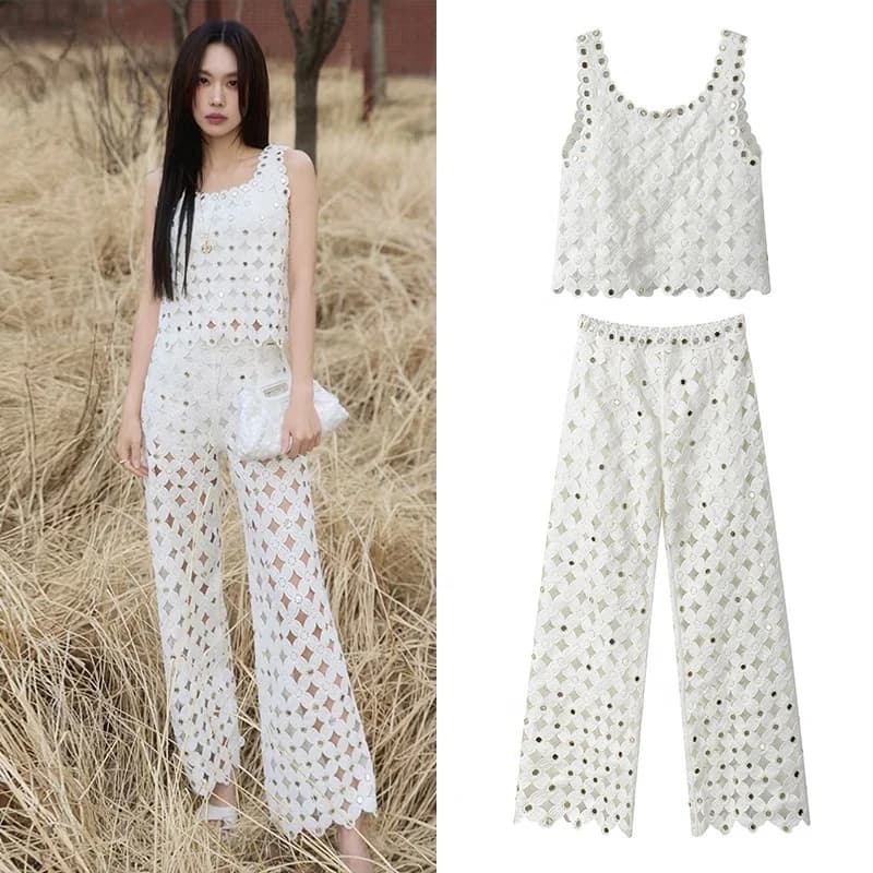 OUDINA Elegant Vintage Heklet Todelt Sett - Topp og Bukse med Vide Ben